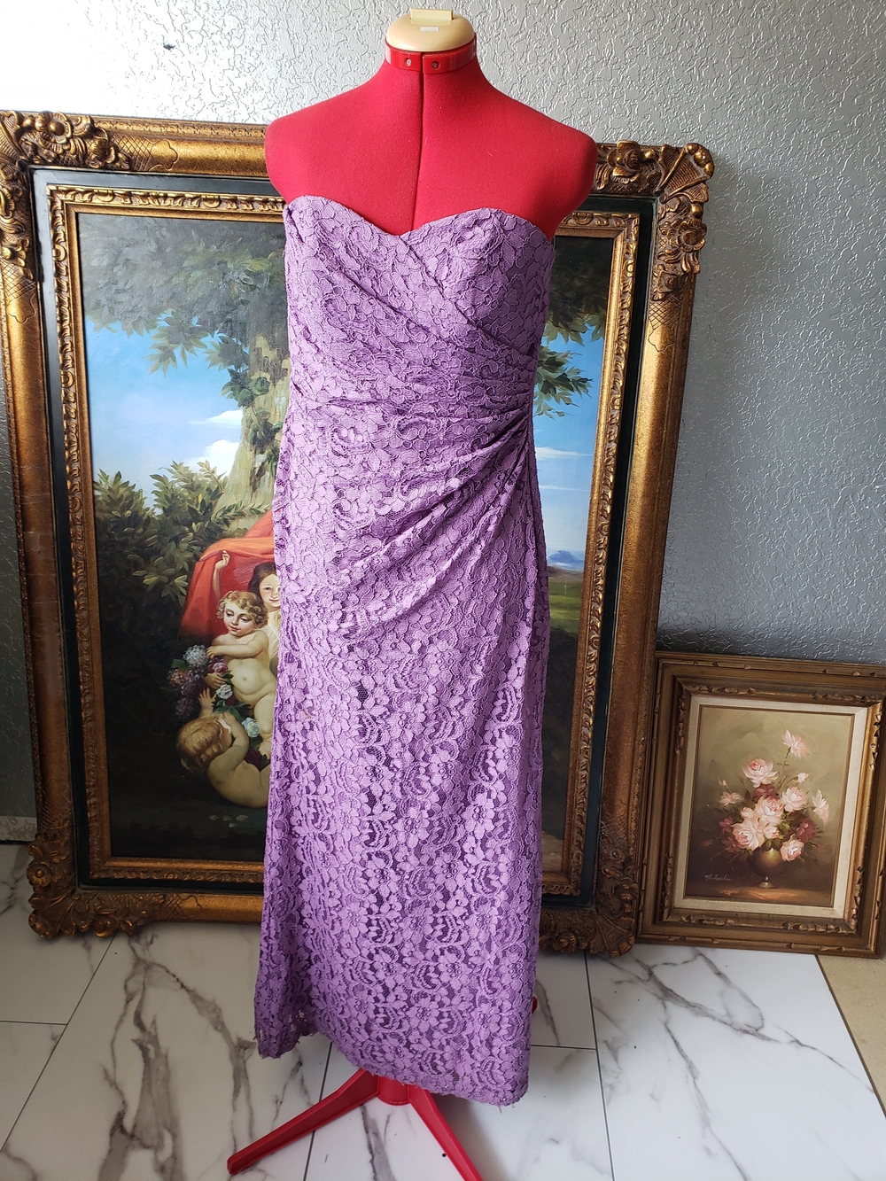 David's Bridal Lavender Strapless Lace Evening Gown